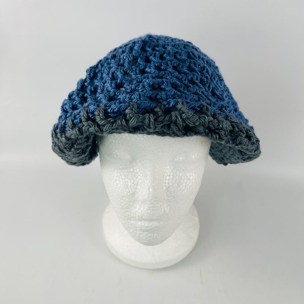 Handmade Crochet Beret Slouch Round Hat Blue Gray